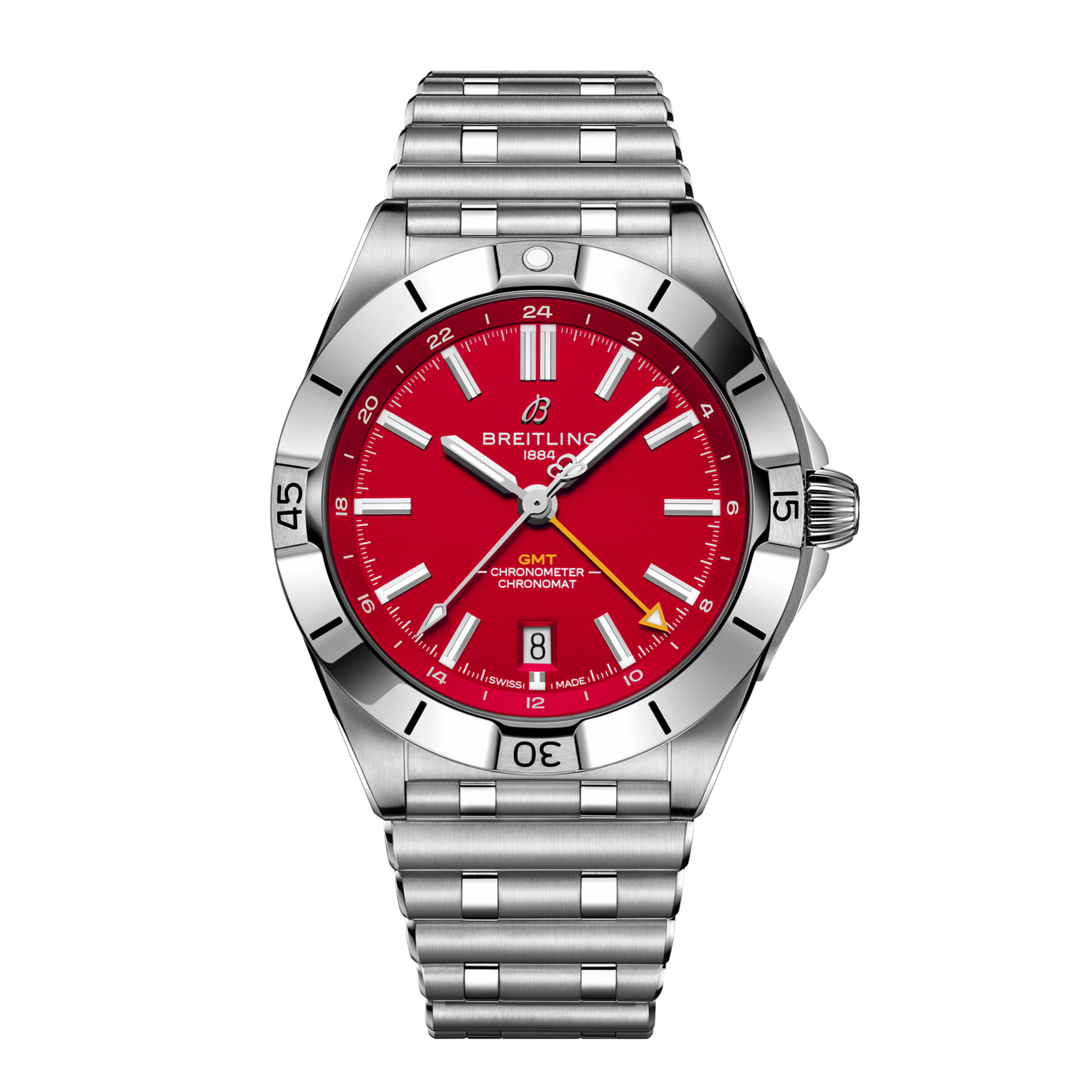 The Breitling Chronomat GMT 40 Kansas City Chiefs Edition features a stainless steel case, bright red dial, silver hands and markers, date at 6 o’clock, rotating bezel, link bracelet, and GMT chronometer text on the dial.