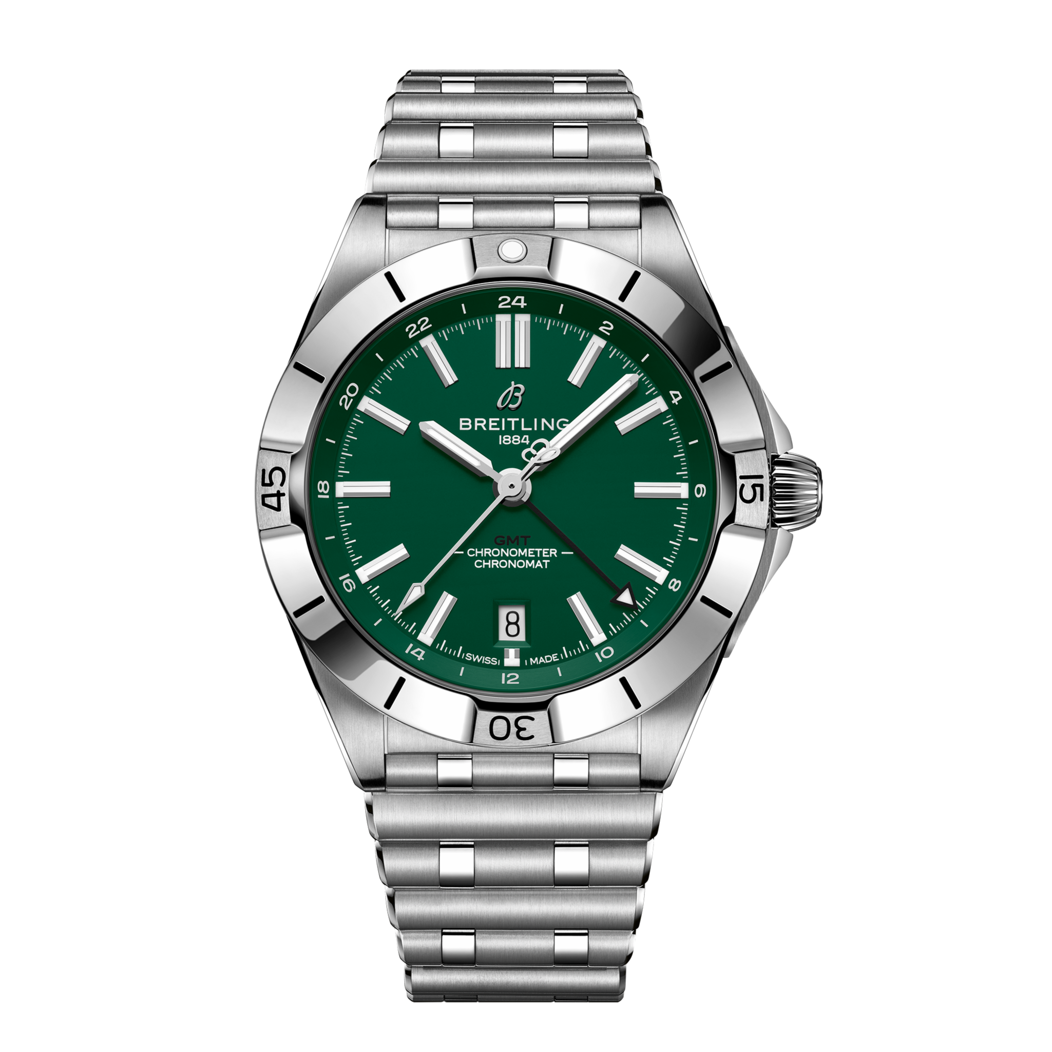 The Breitling Chronomat GMT 40 New York Jets Edition wristwatch, crafted in stainless steel with a green dial, silver markers and hands, date at 6 o’clock, and metal link bracelet, is shown on a plain white background.