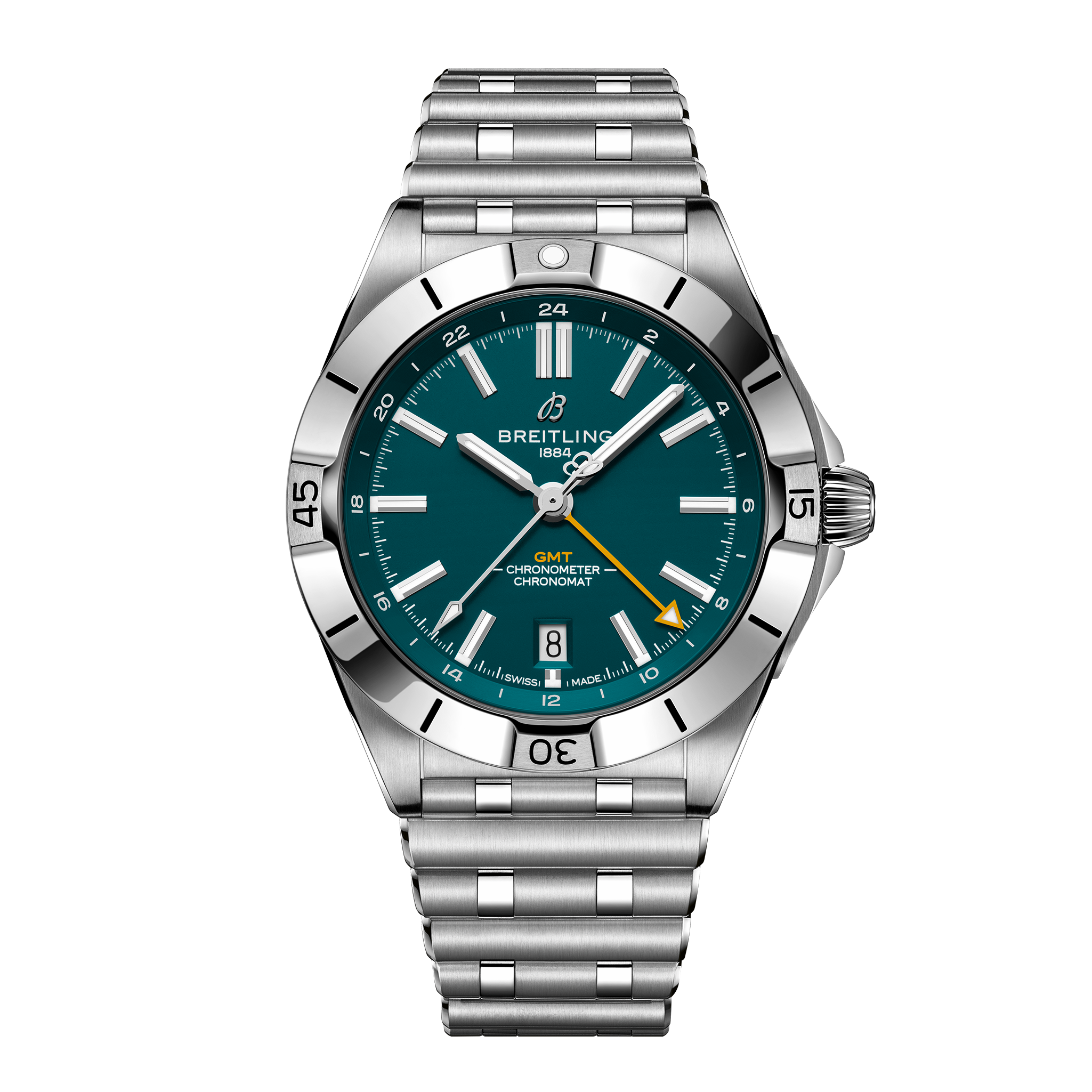 The Breitling Chronomat GMT 40 Jacksonville Jaguars Edition features a teal dial, silver markers and hands, black-numeral polished bezel, and metal link bracelet—a stainless steel watch celebrating the Jaguars.