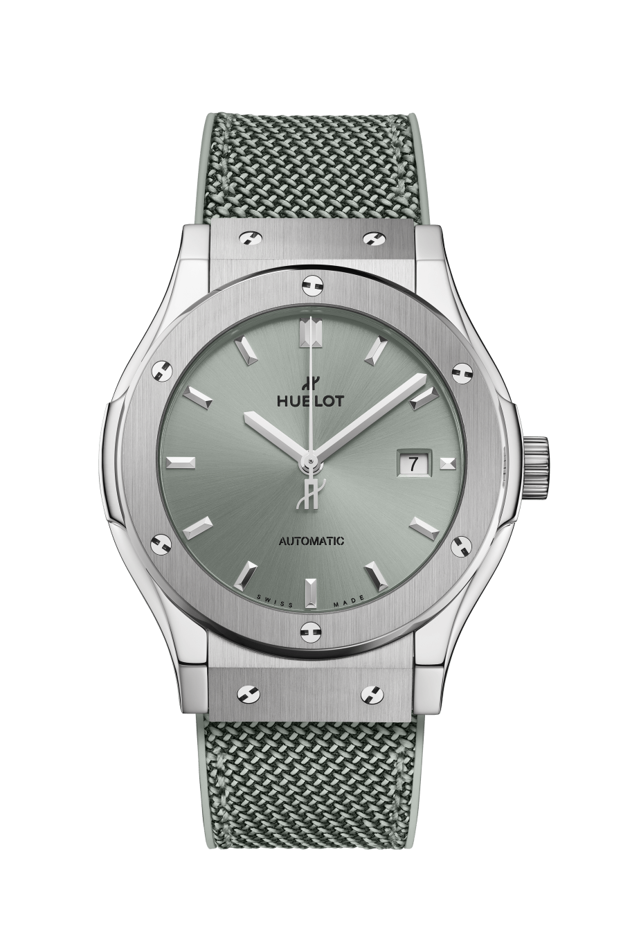 Hublot Classic Fusion titanium watch with sage green dial, date window, and matching textile strap.
