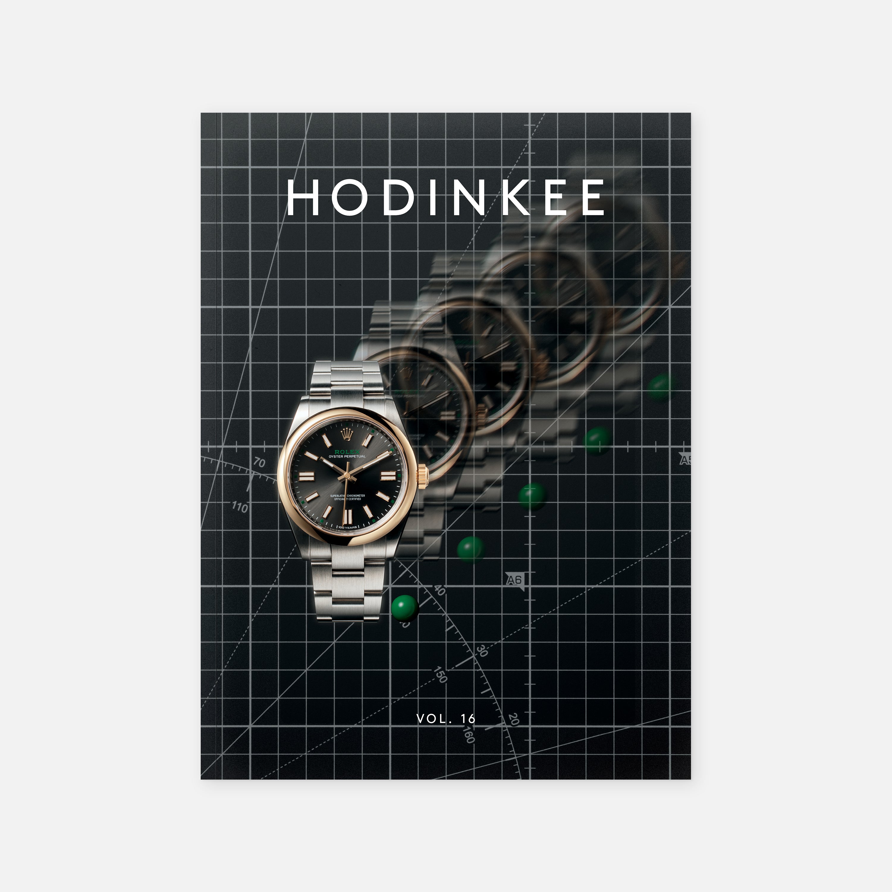 Magazine cover with a watch on a grid background and 'HODINKEE' branding.