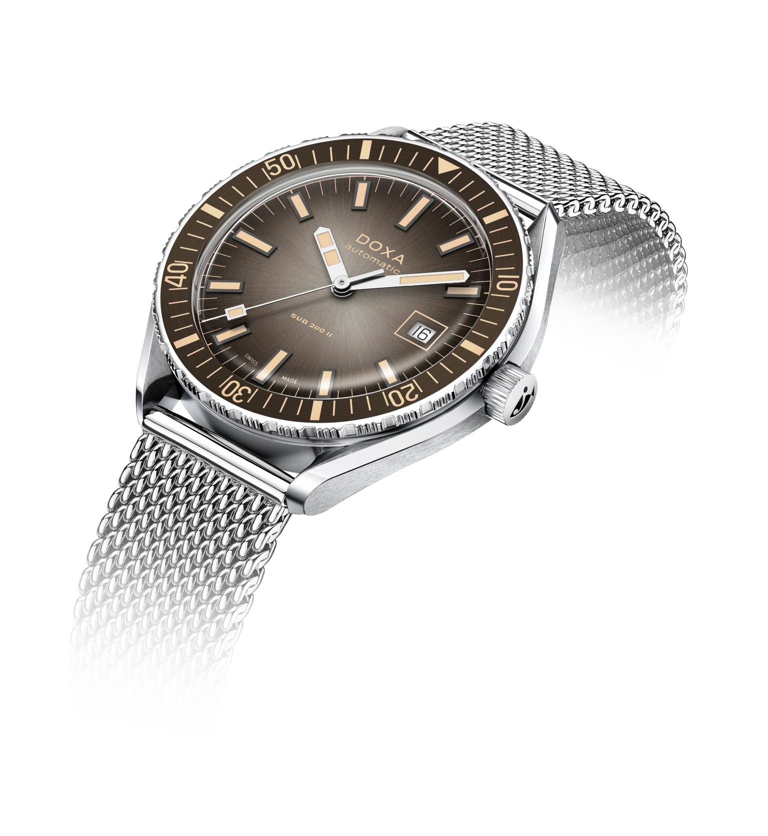 Wristwatch with gray dial and silver mesh band on a white background