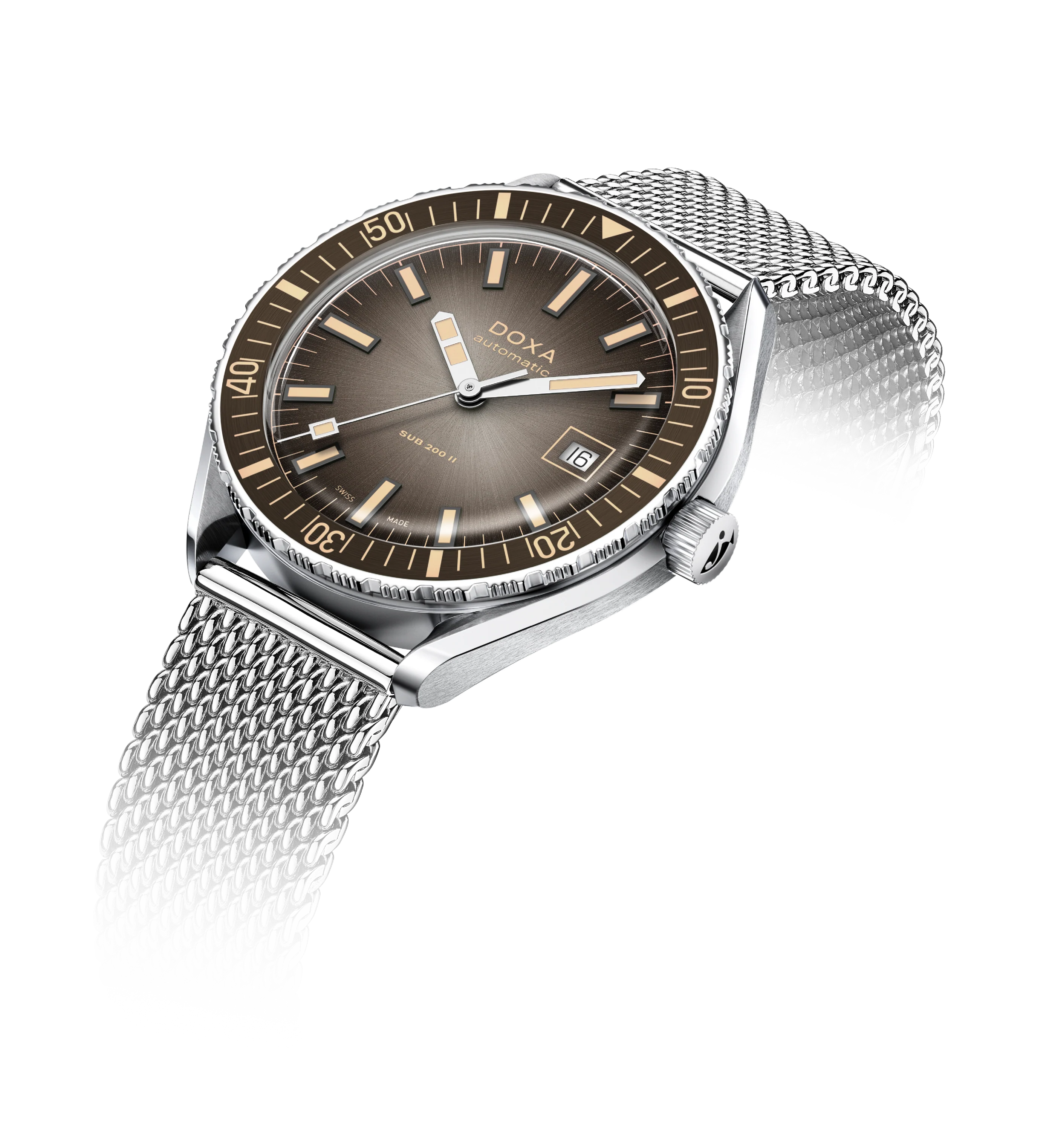 Wristwatch with gray dial and silver mesh band on a white background