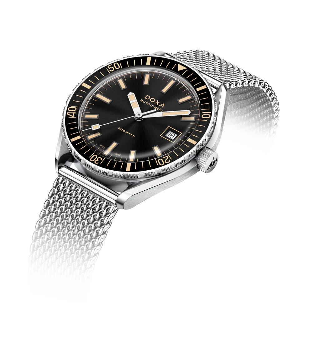 DOXA watch with black dial and silver mesh band on a white background