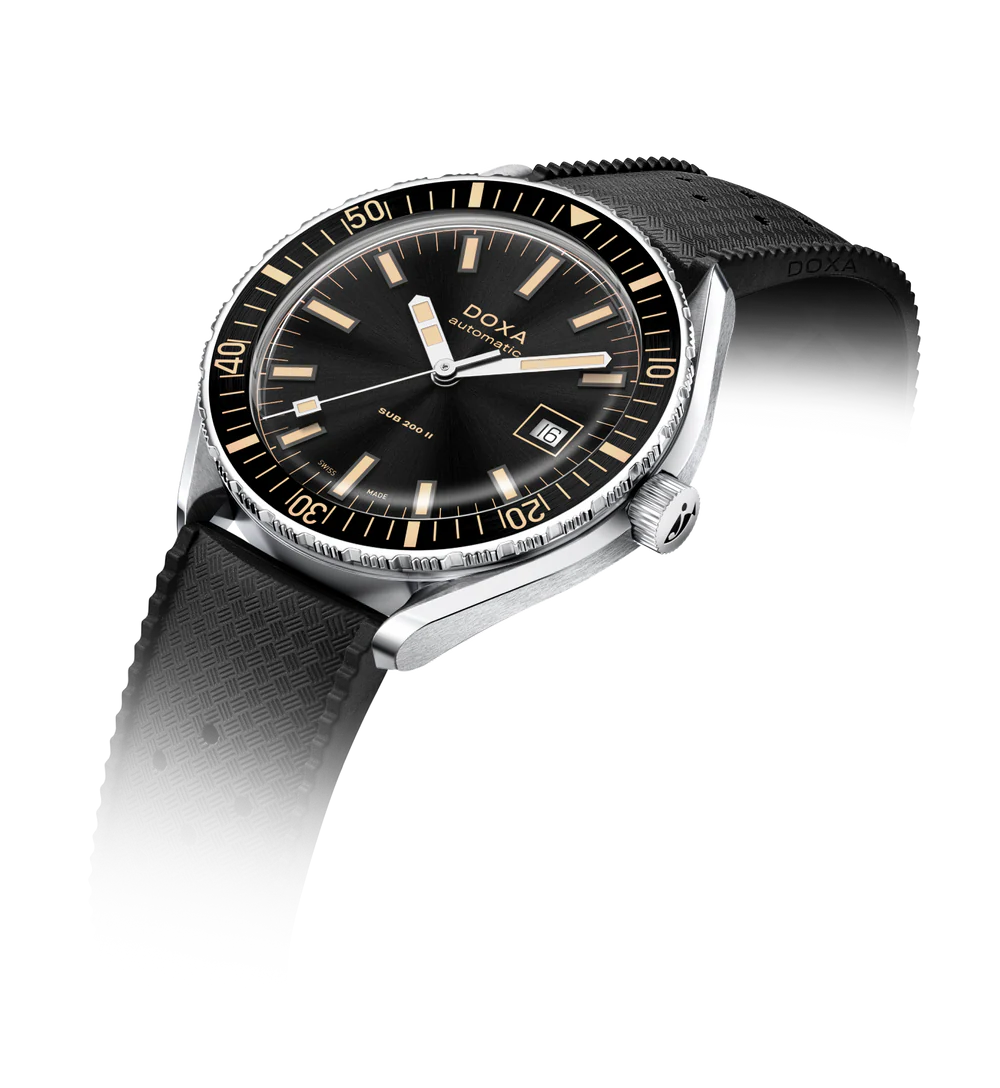Doxa watch with black dial and strap on a white background
