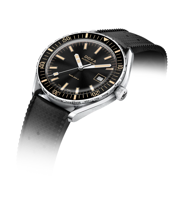 Doxa watch with black dial and strap on a white background