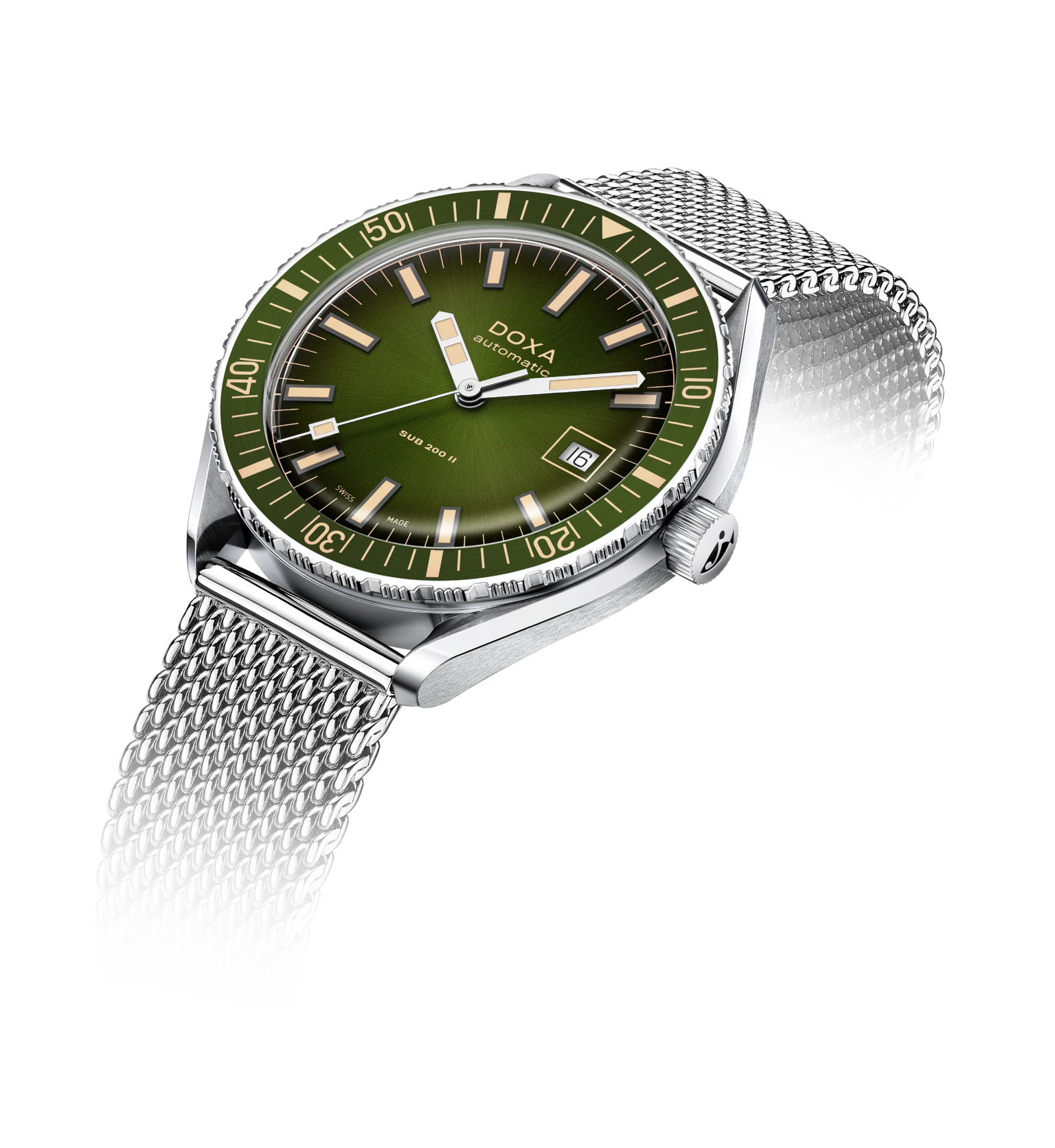 Wristwatch with green dial and silver mesh band on a white background
