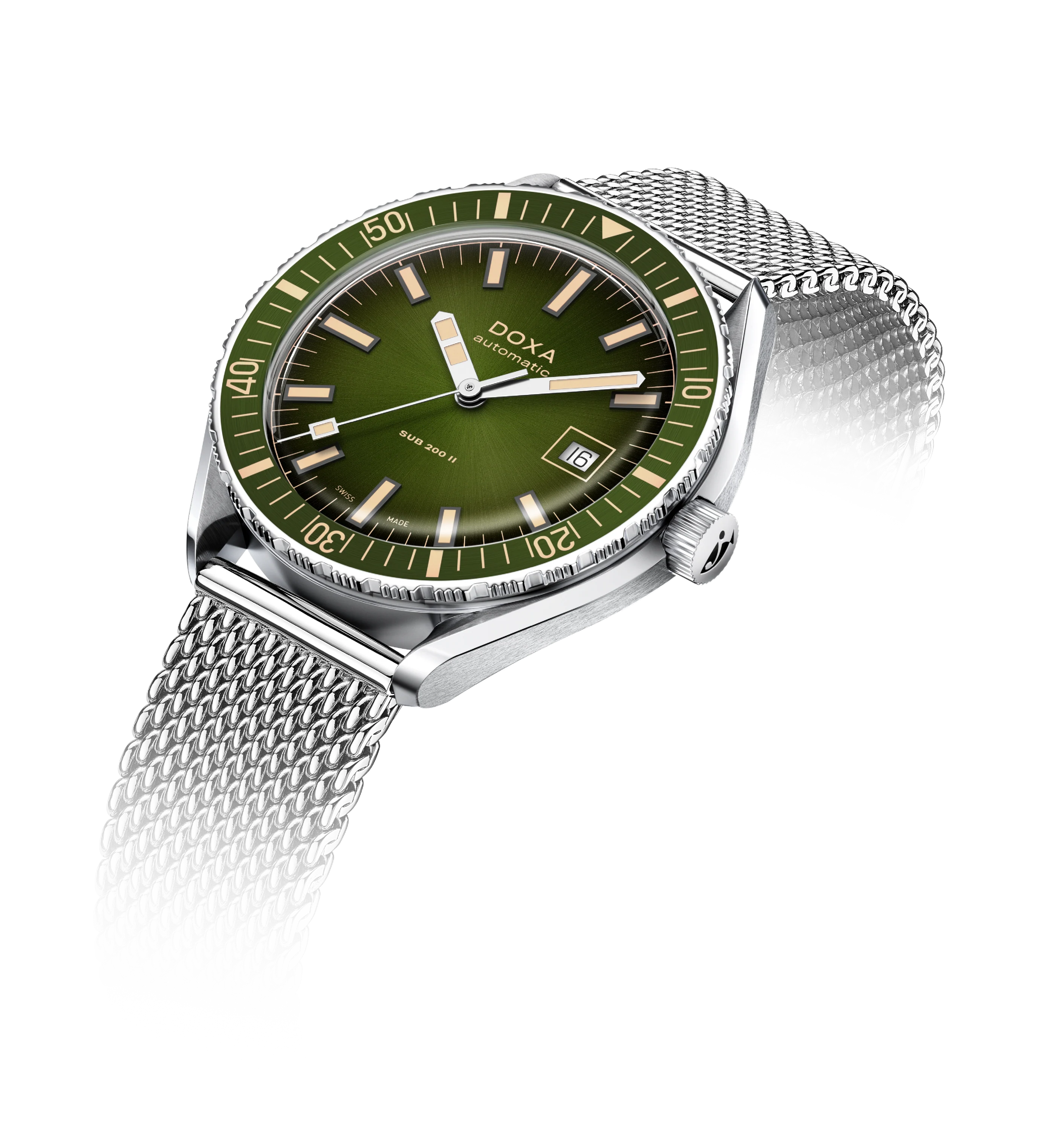 Wristwatch with green dial and silver mesh band on a white background