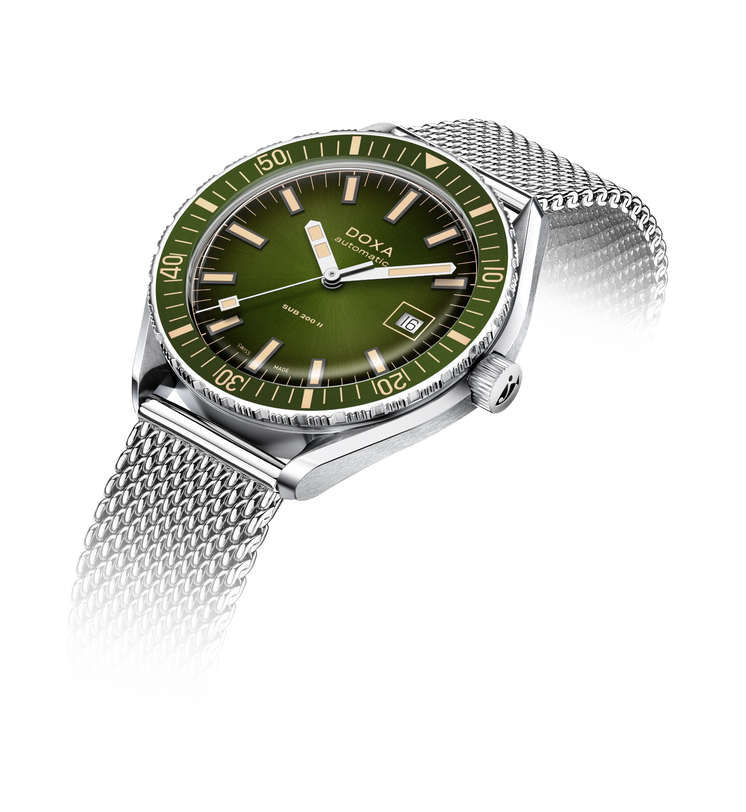 Wristwatch with green dial and silver mesh band on a white background