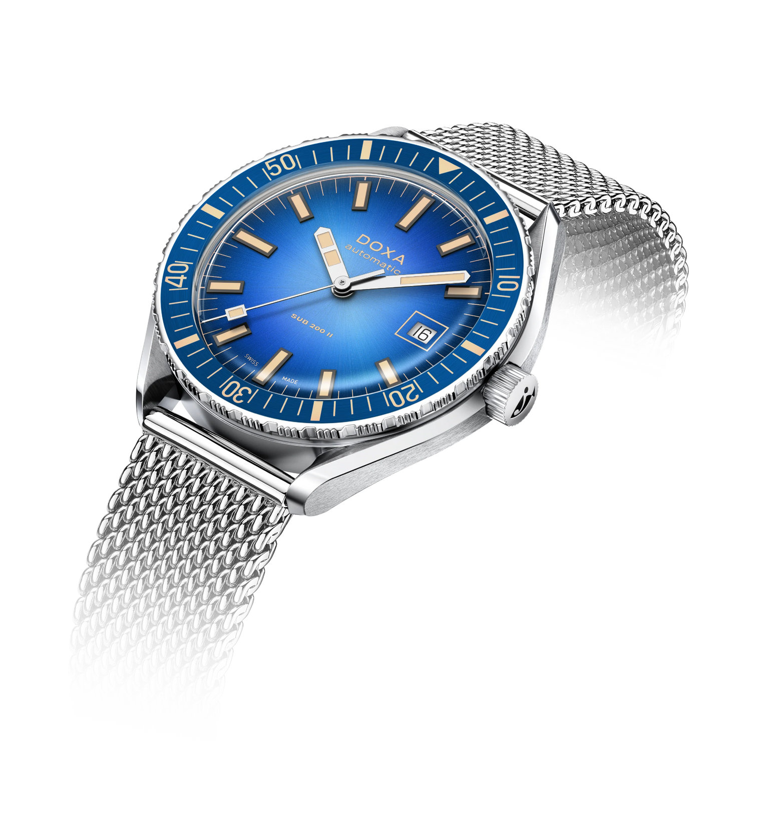 Wristwatch with blue dial and silver mesh band on a white background
