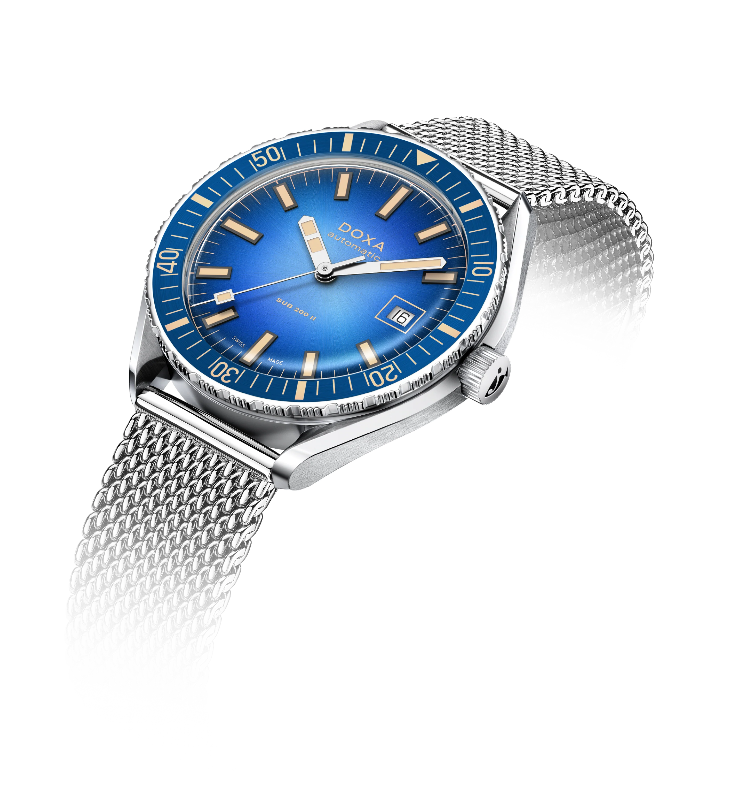 Wristwatch with blue dial and silver mesh band on a white background