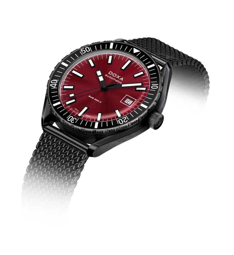 Watch with red dial and black strap on a white background