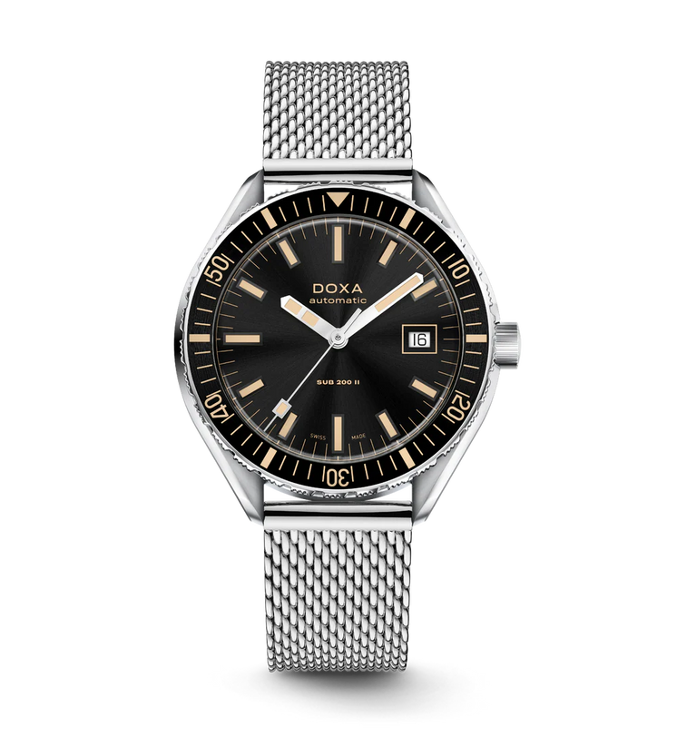 DOXA watch with black dial and silver mesh band on a white background