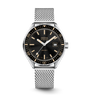 DOXA watch with black dial and silver mesh band on a white background