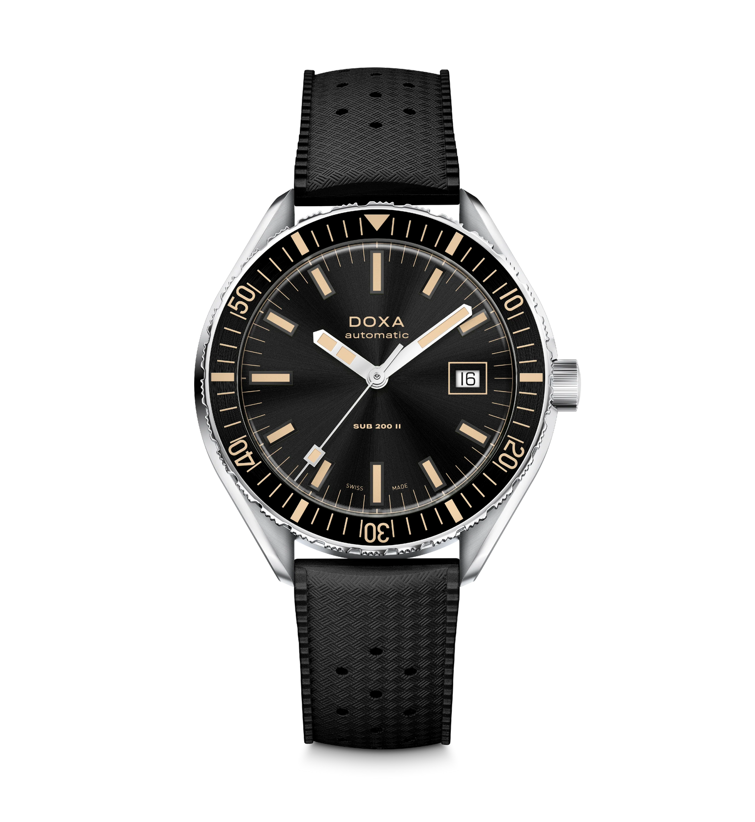 Black wristwatch with a detailed face on a white background