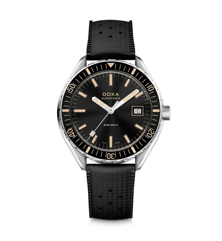 Black wristwatch with a detailed face on a white background