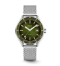 DOXA watch with green dial and silver mesh band on a white background