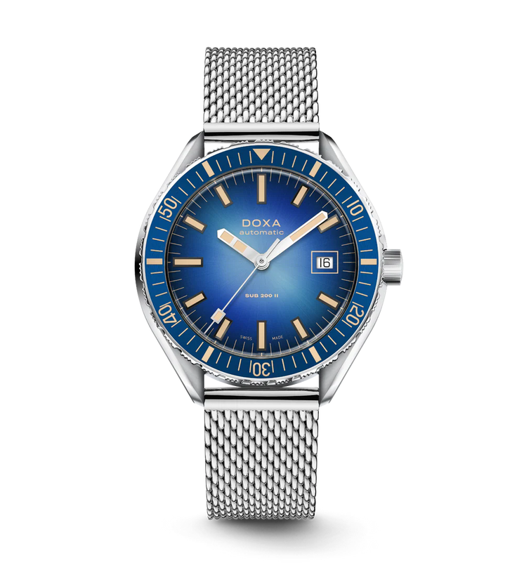 Silver watch with blue dial on a white background