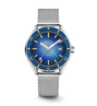 Silver watch with blue dial on a white background