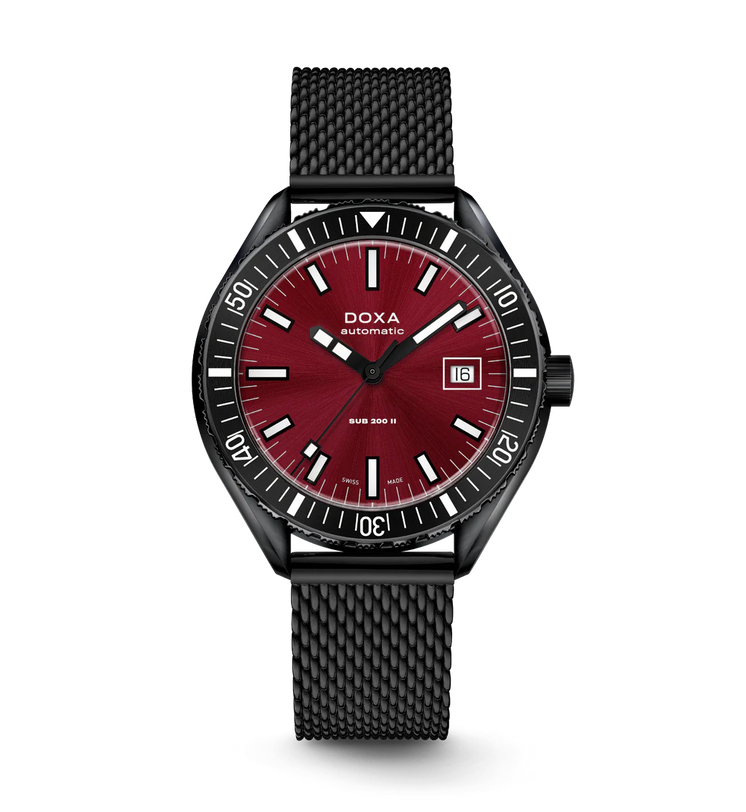 Doxa watch with red dial and black strap on a white background