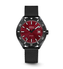 Doxa watch with red dial and black strap on a white background