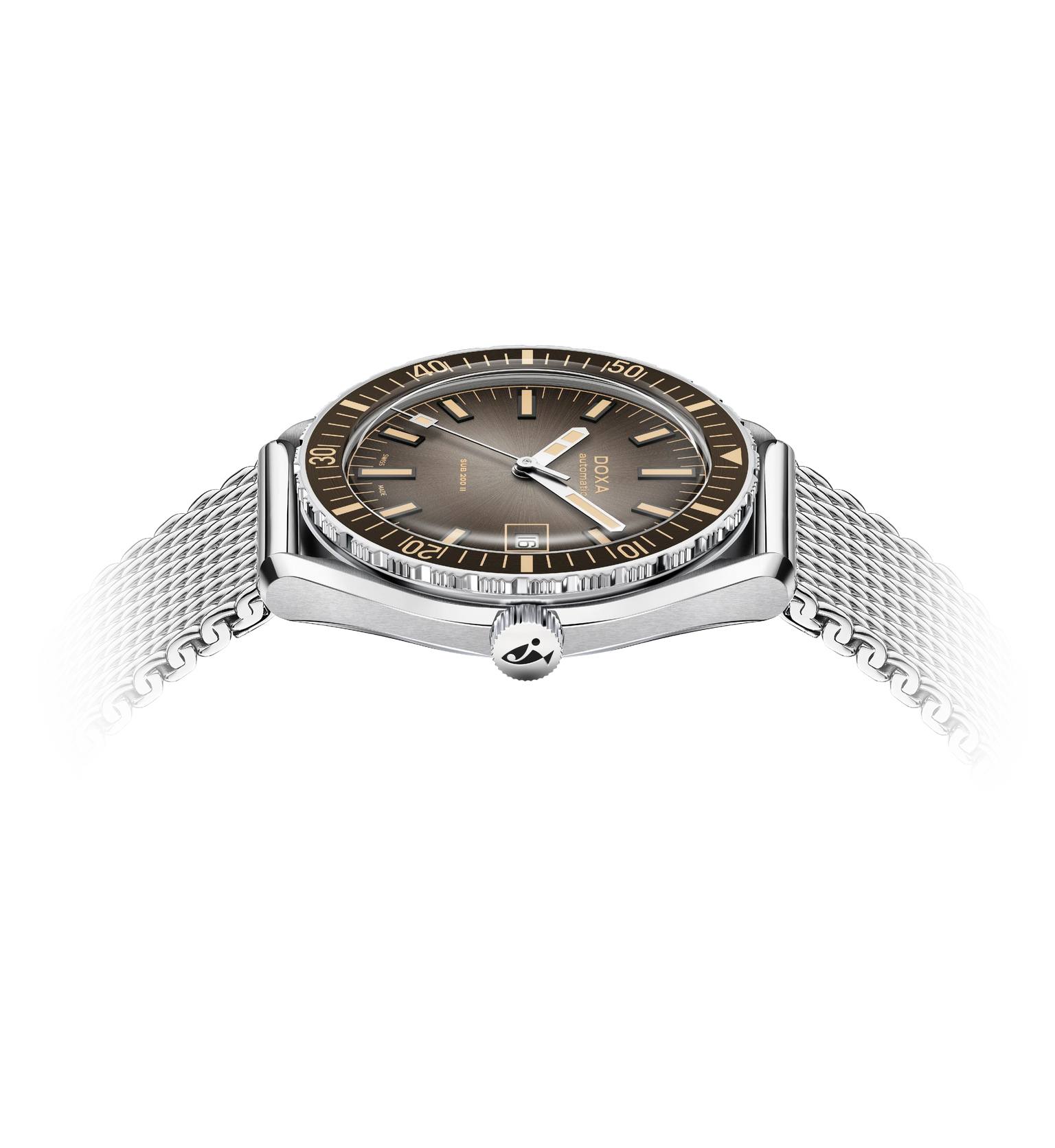 Silver watch with a gray dial on a white background