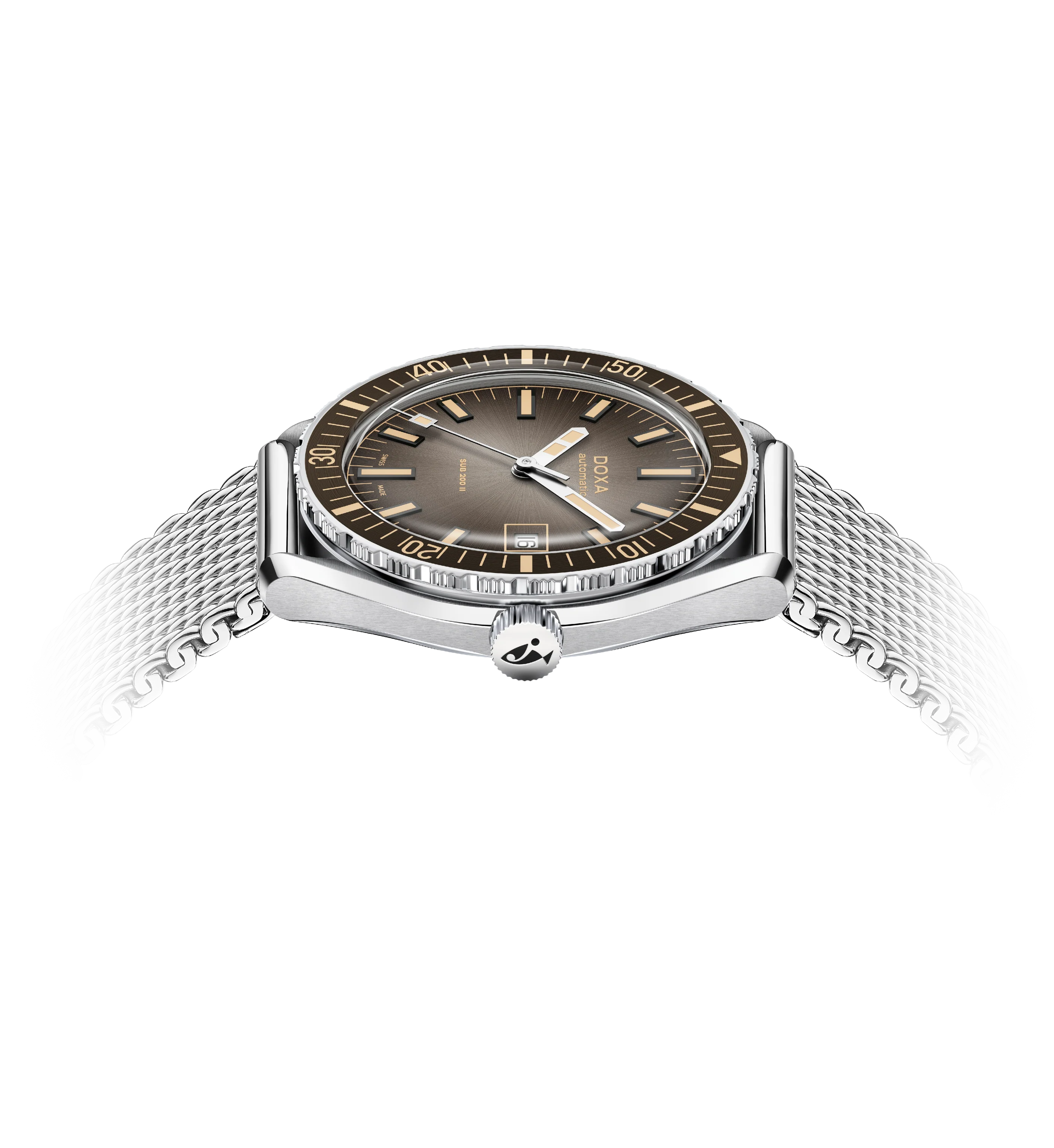 Silver watch with a gray dial on a white background