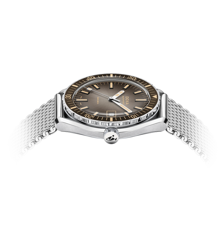 Silver watch with a gray dial on a white background