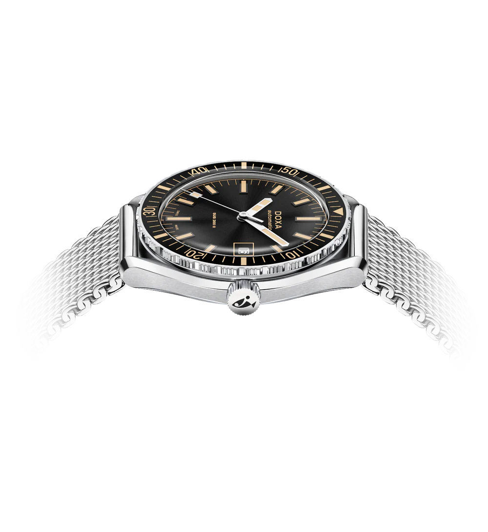 Watch with black face and silver mesh band on a white background