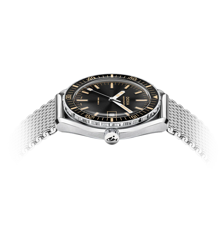 Watch with black face and silver mesh band on a white background