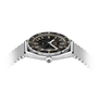 Watch with black face and silver mesh band on a white background