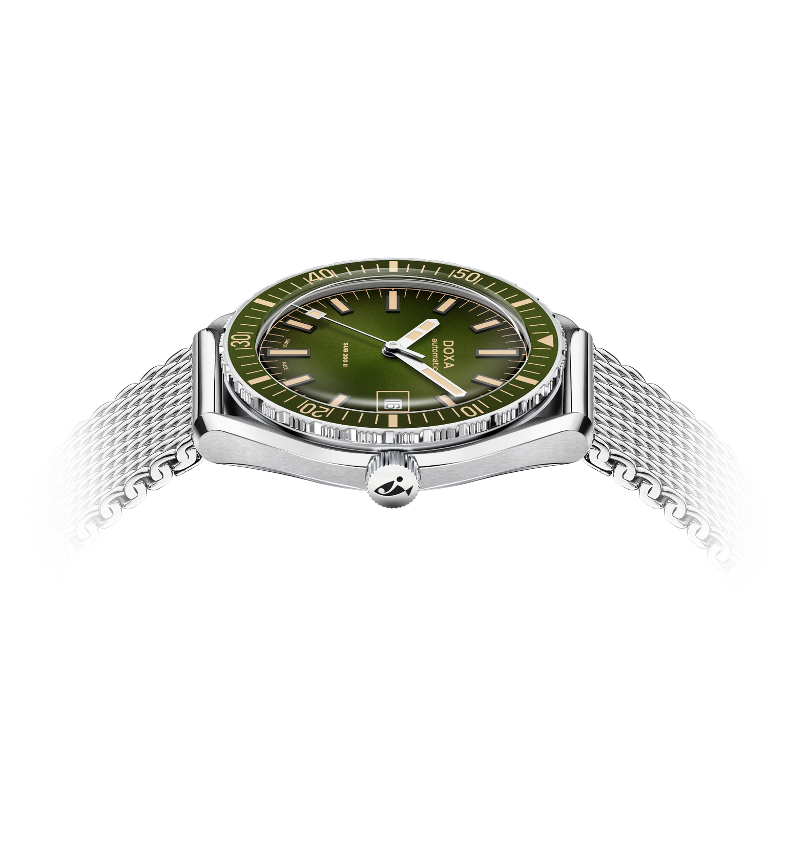 Watch with green face and silver mesh band on white background