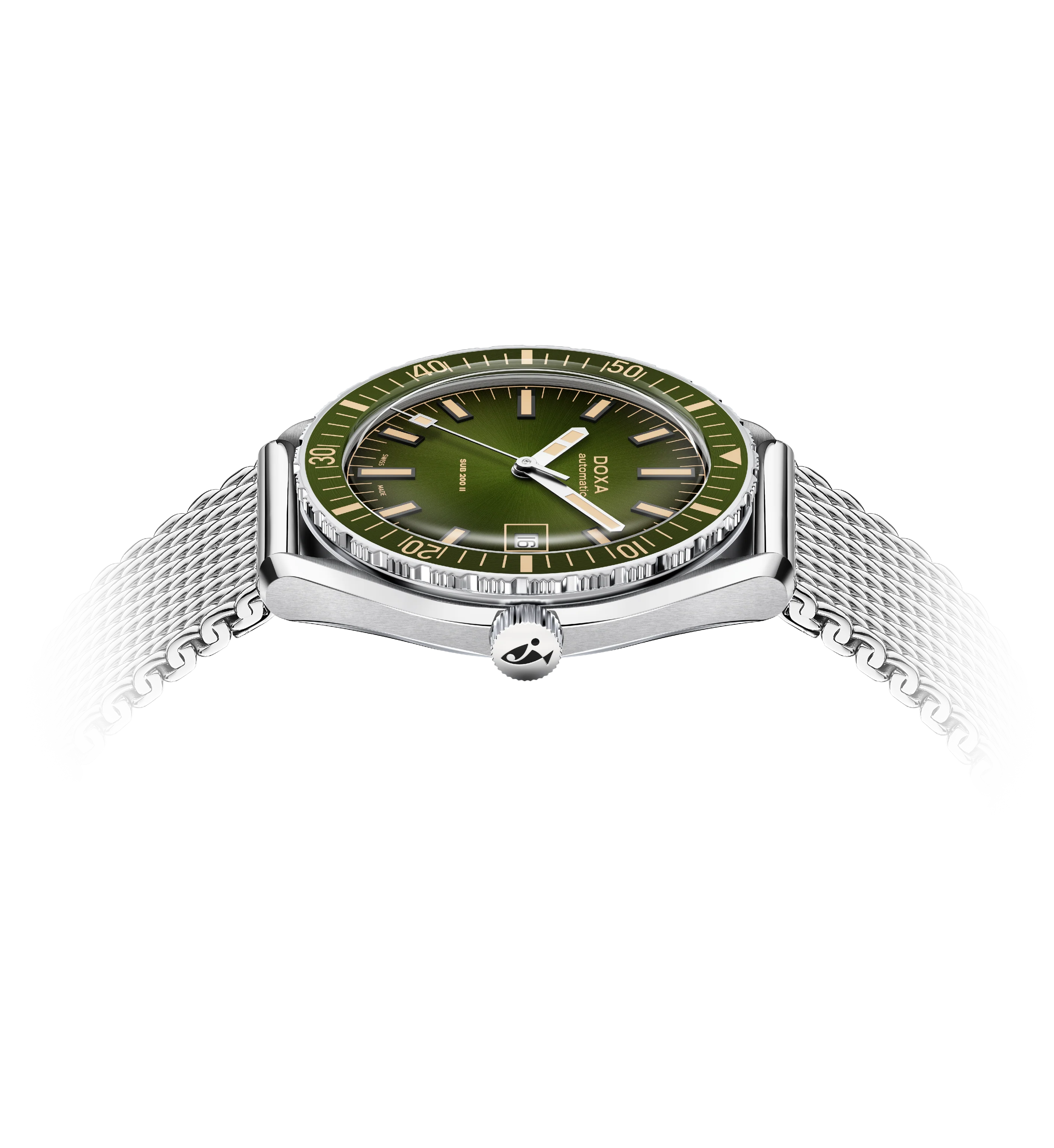 Watch with green face and silver mesh band on white background