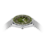 Watch with green face and silver mesh band on white background
