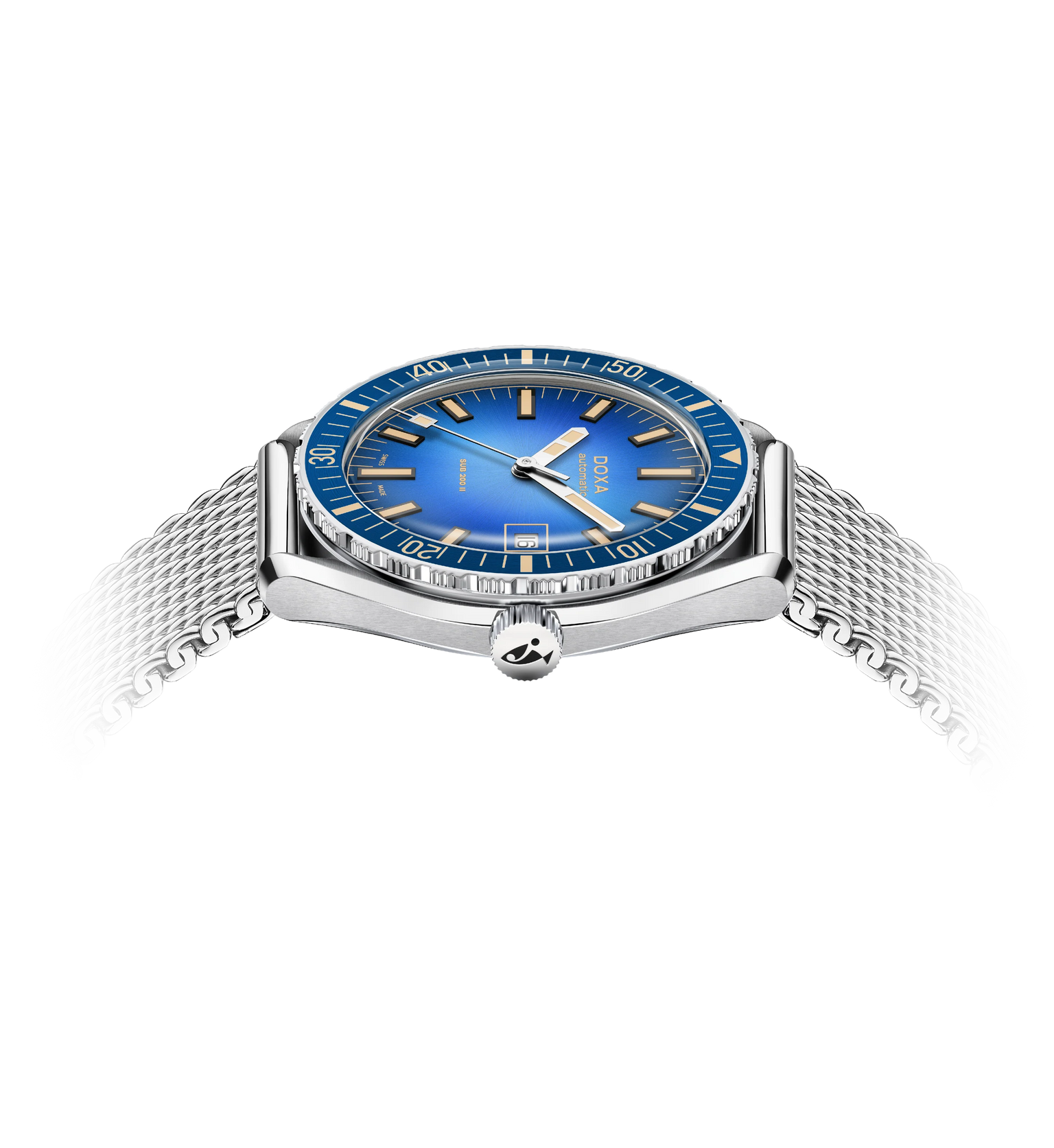 Watch with blue dial and silver mesh band on a white background