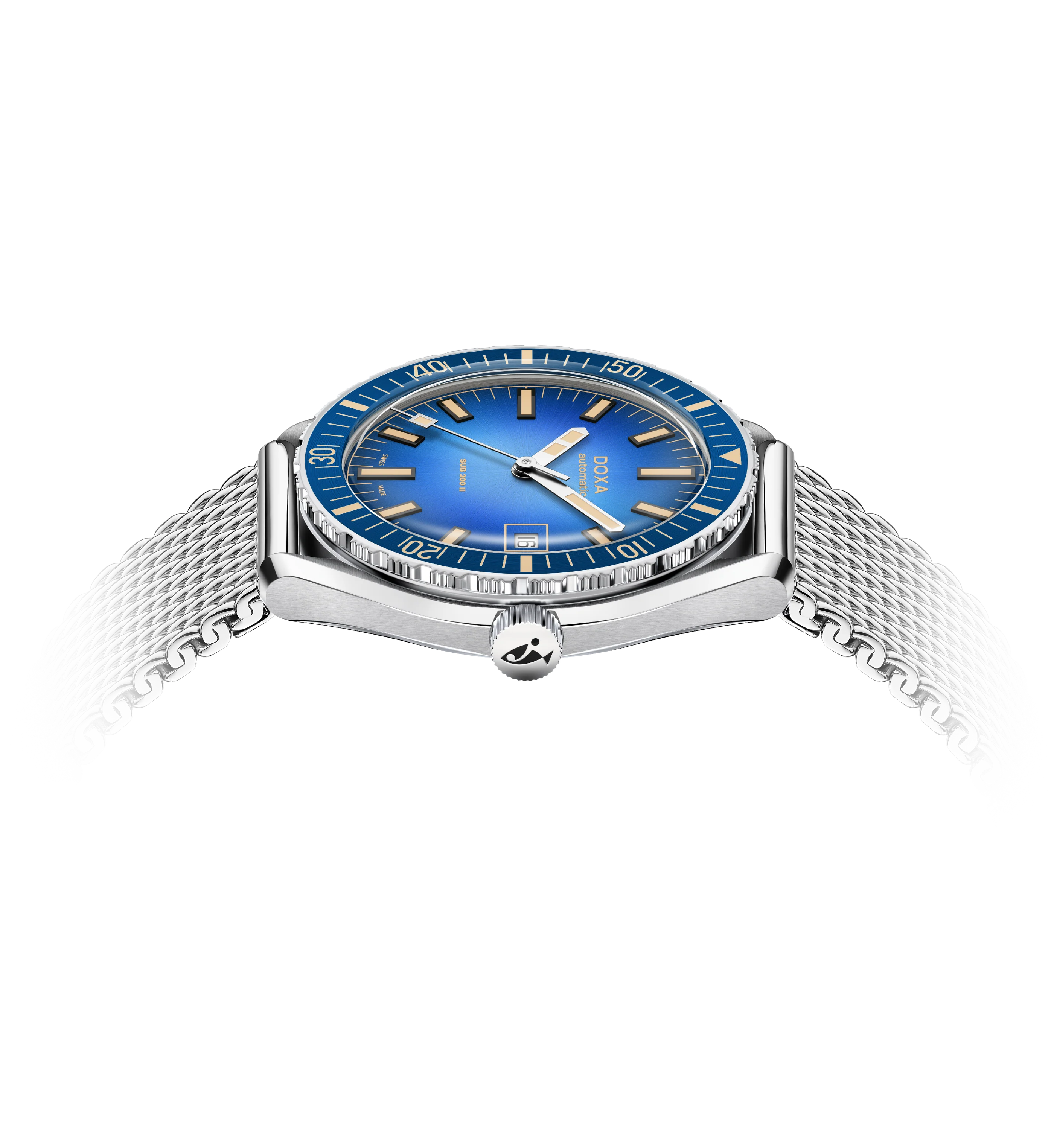 Watch with blue dial and silver mesh band on a white background