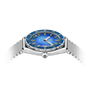 Watch with blue dial and silver mesh band on a white background