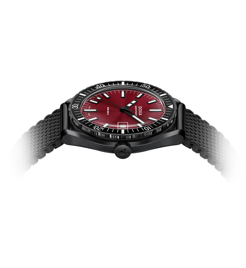 Watch with red face and black strap on white background