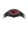 Watch with red face and black strap on white background