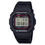 Black G-Shock digital watch with LCD display, red accents, and resin band against white background.