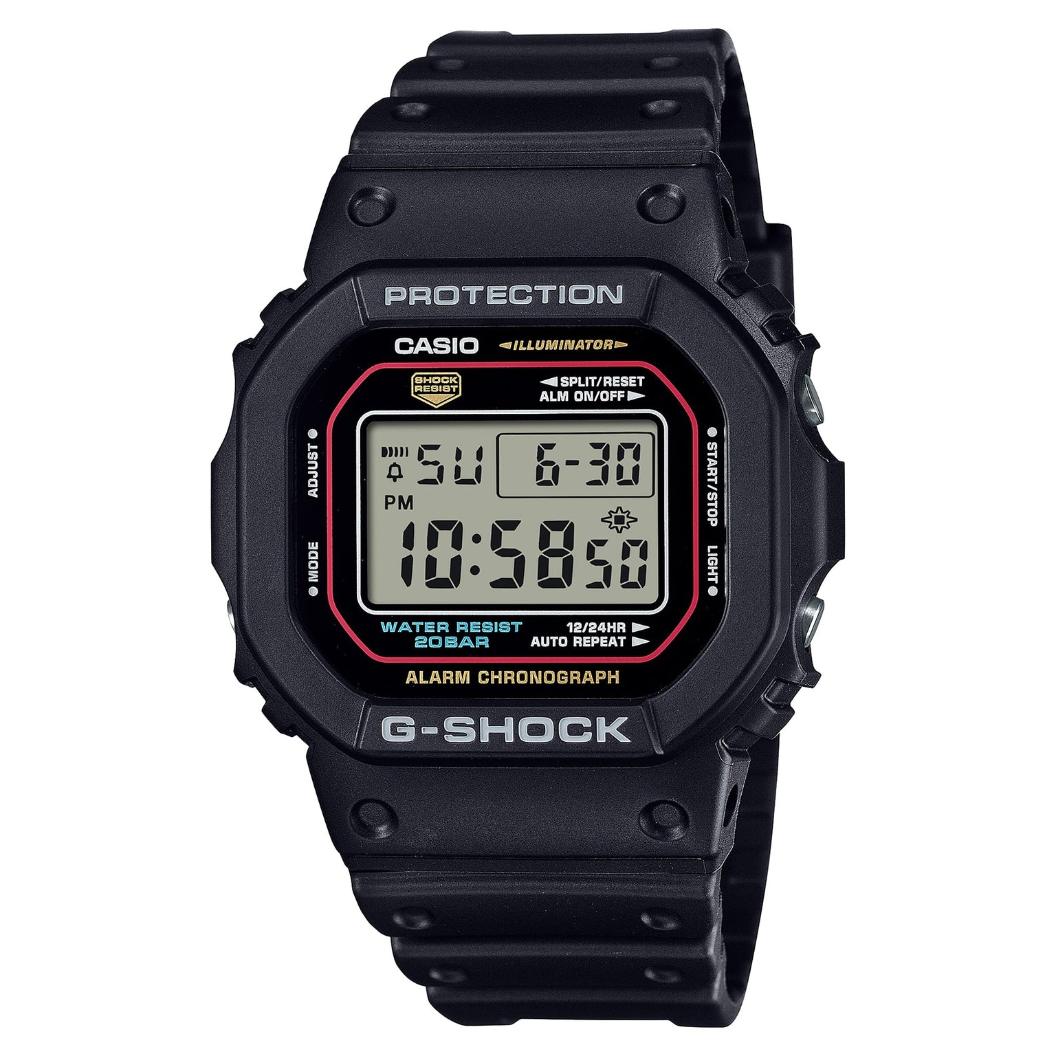 Black digital G-Shock watch with square face, LCD display showing time and date, red accents, and black resin band.