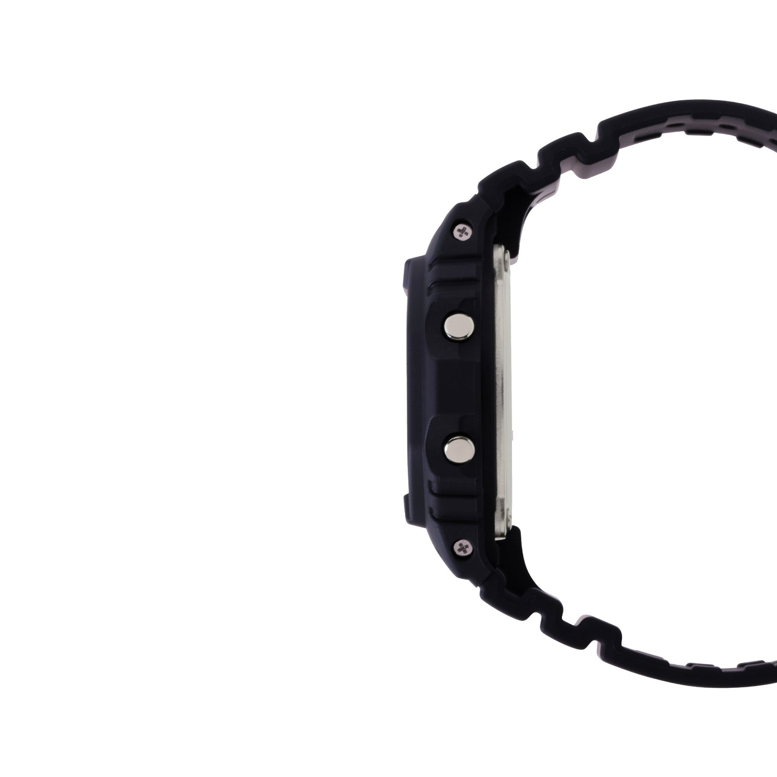 Black digital watch with resin band and metallic side buttons, shown from side profile.