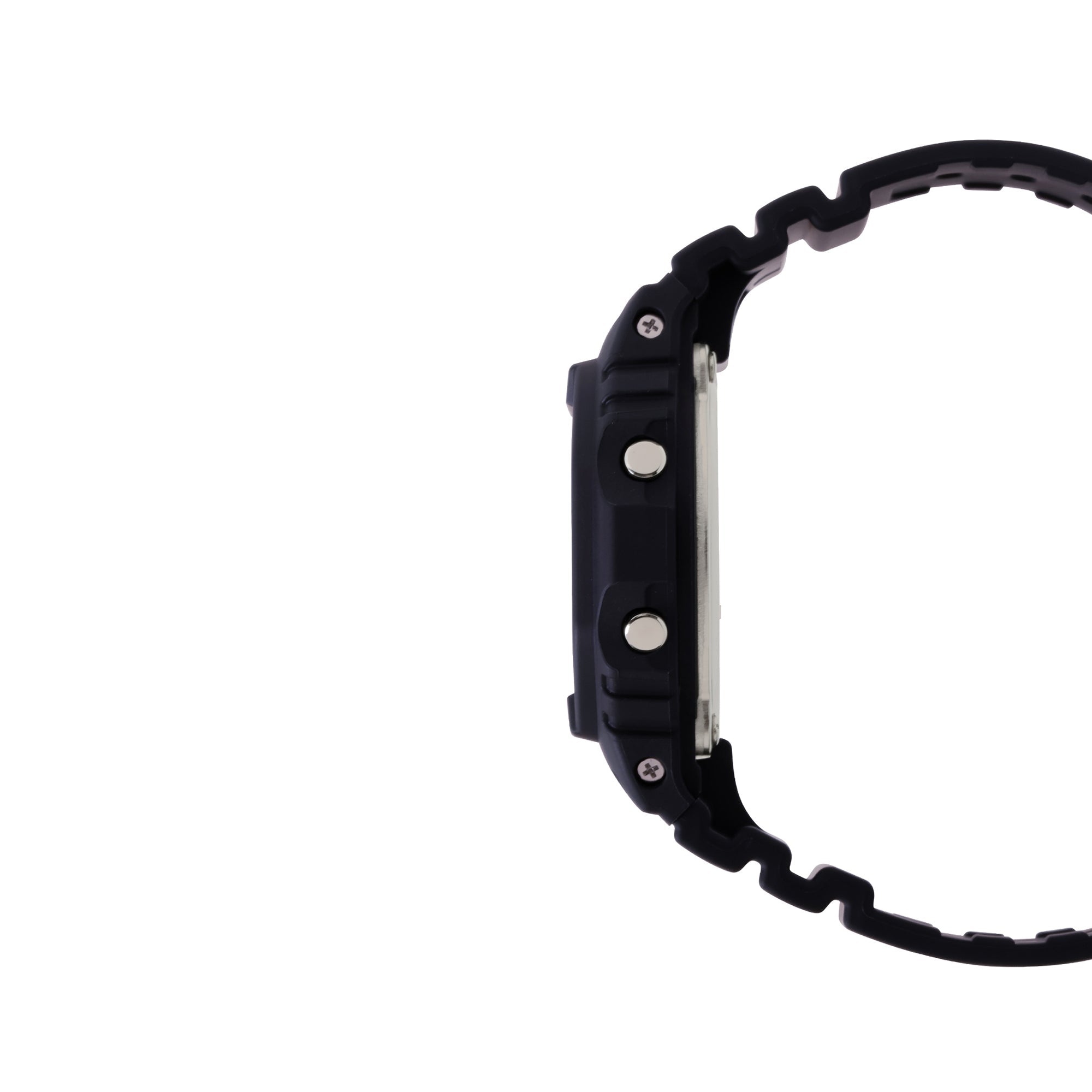 Black digital watch with resin band and metallic side buttons, shown from side profile.