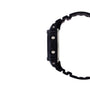 Black digital watch with resin band and metallic side buttons, shown from side profile.
