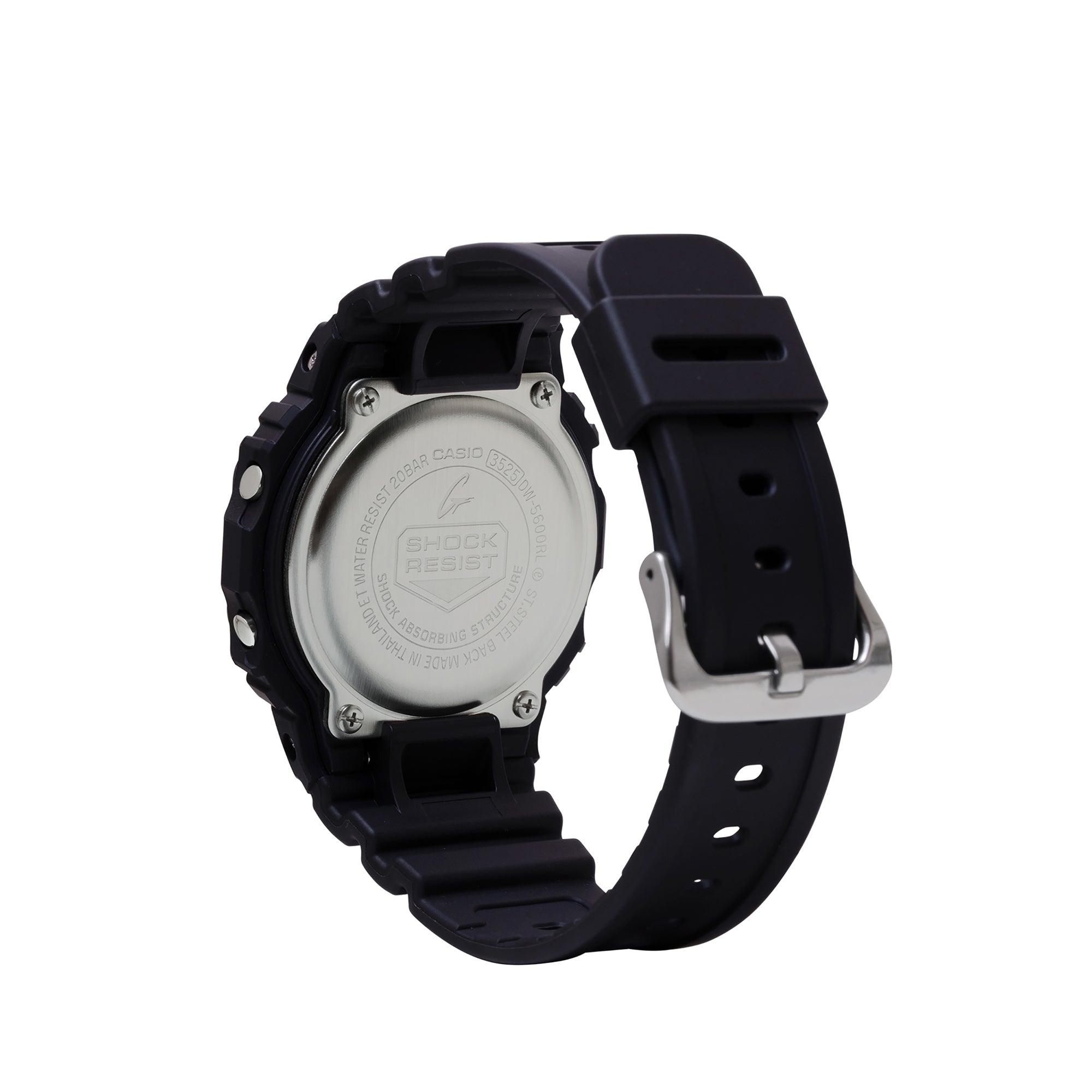 Black digital watch with round silver case back, black resin band, and metal buckle shown from rear angle.