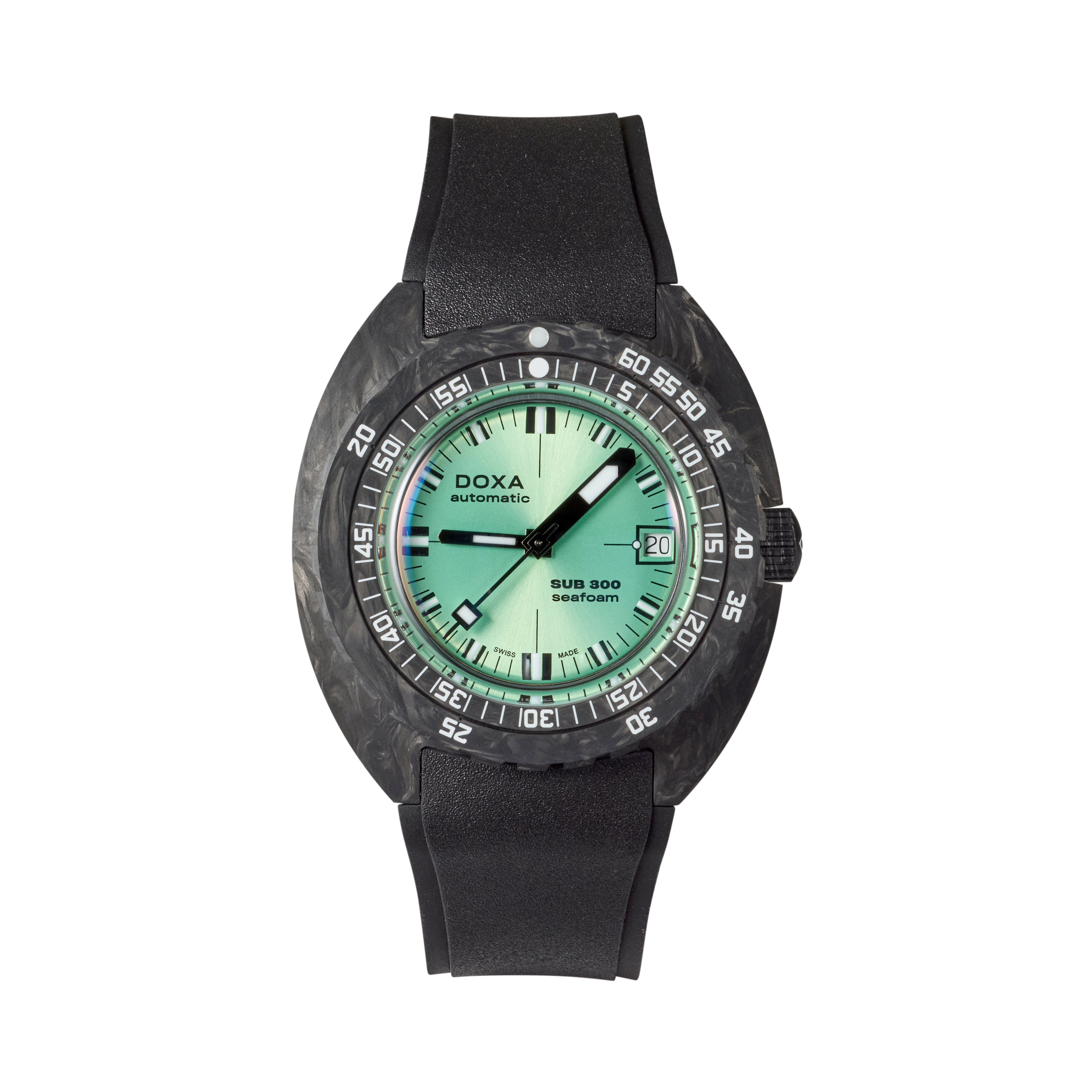 The DOXA Sub 300 Carbon Seafoam Limited Edition WOS Exclusive dive watch features a round mint green dial, black bezel with white numerals, black hour markers, and a black rubber strap, displayed against a white background.