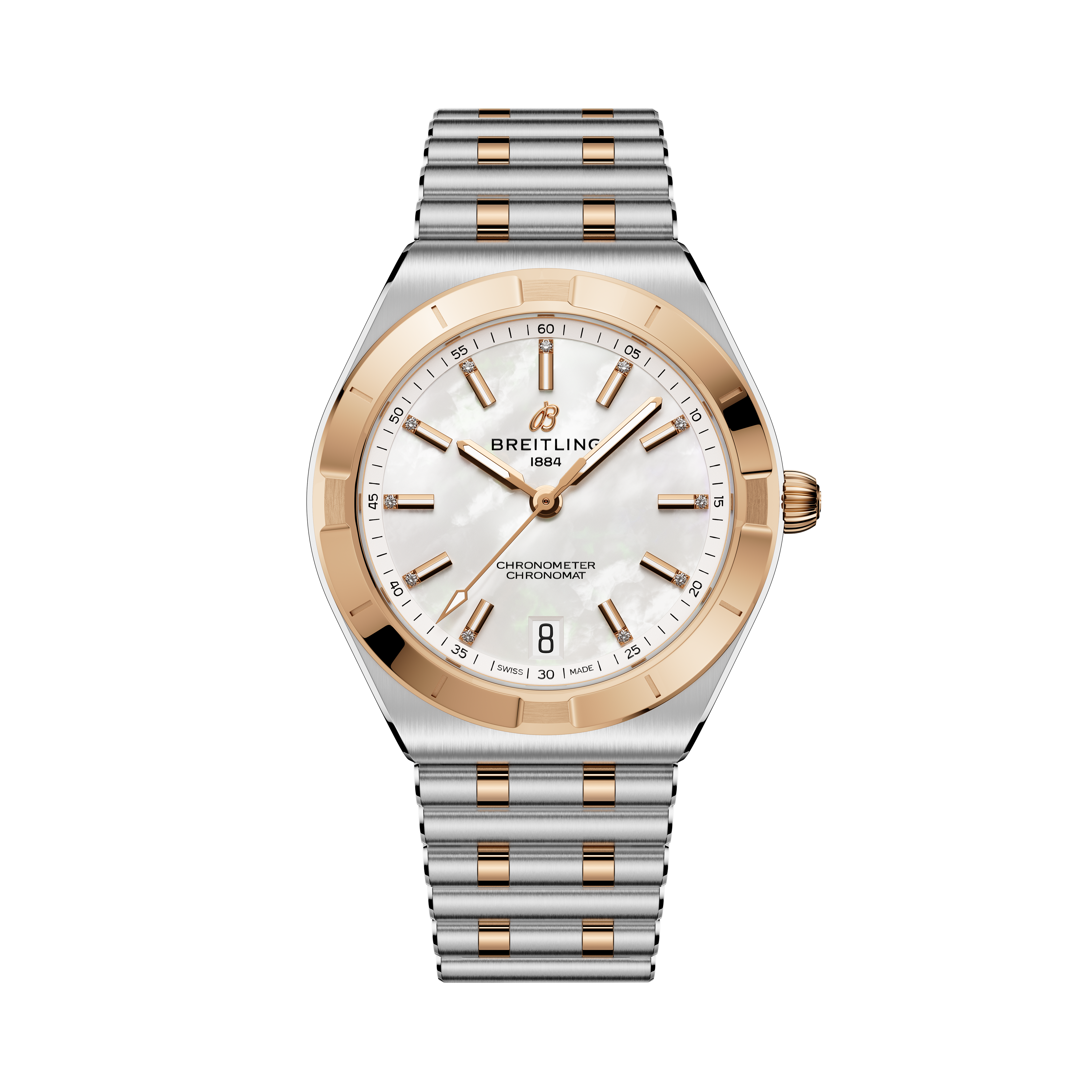 Breitling Chronomat Automatic 36 watch with two-tone stainless steel and rose gold case, white dial, and matching bracelet.
