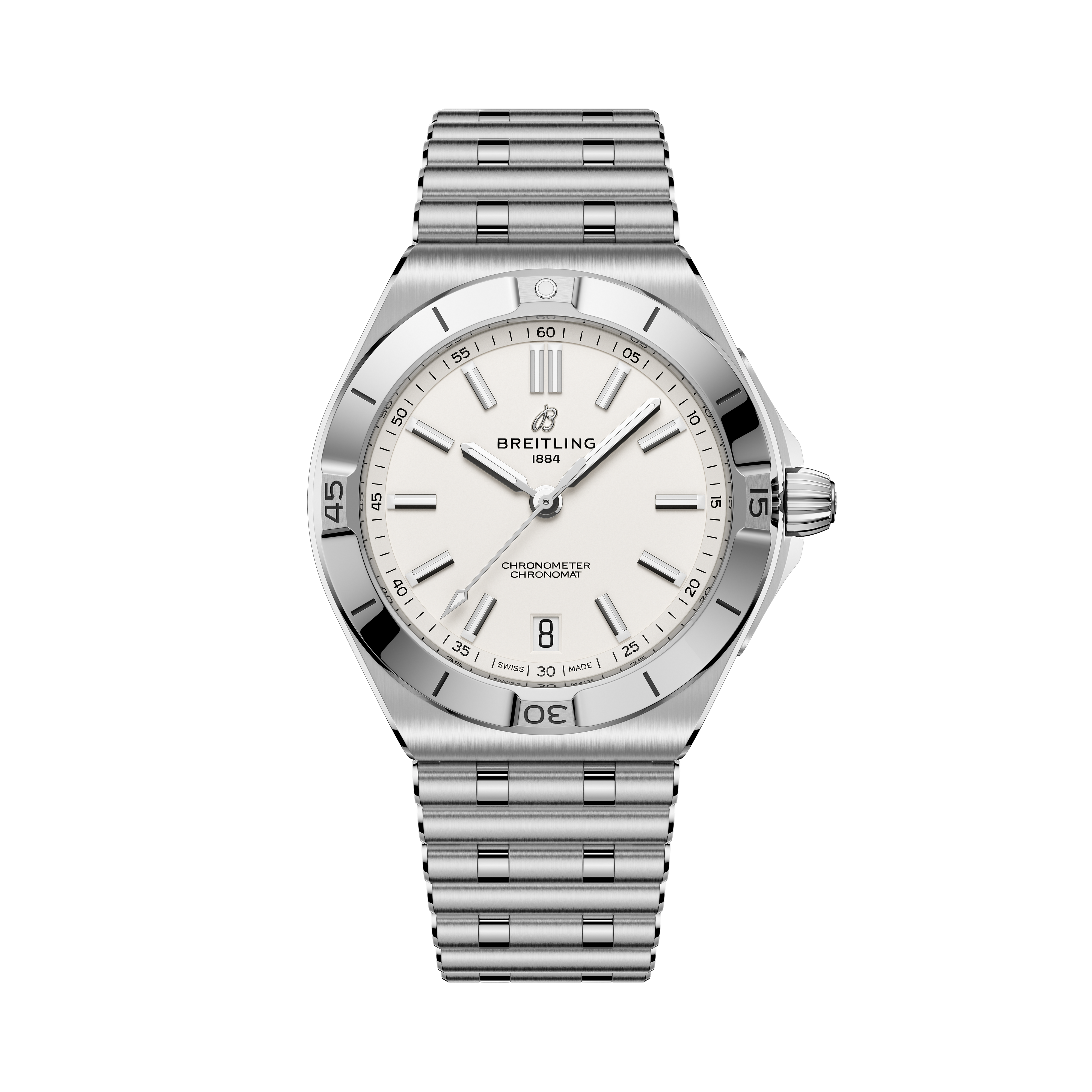 Stainless steel watch with white dial, applied indices, date window, and matching metal bracelet.