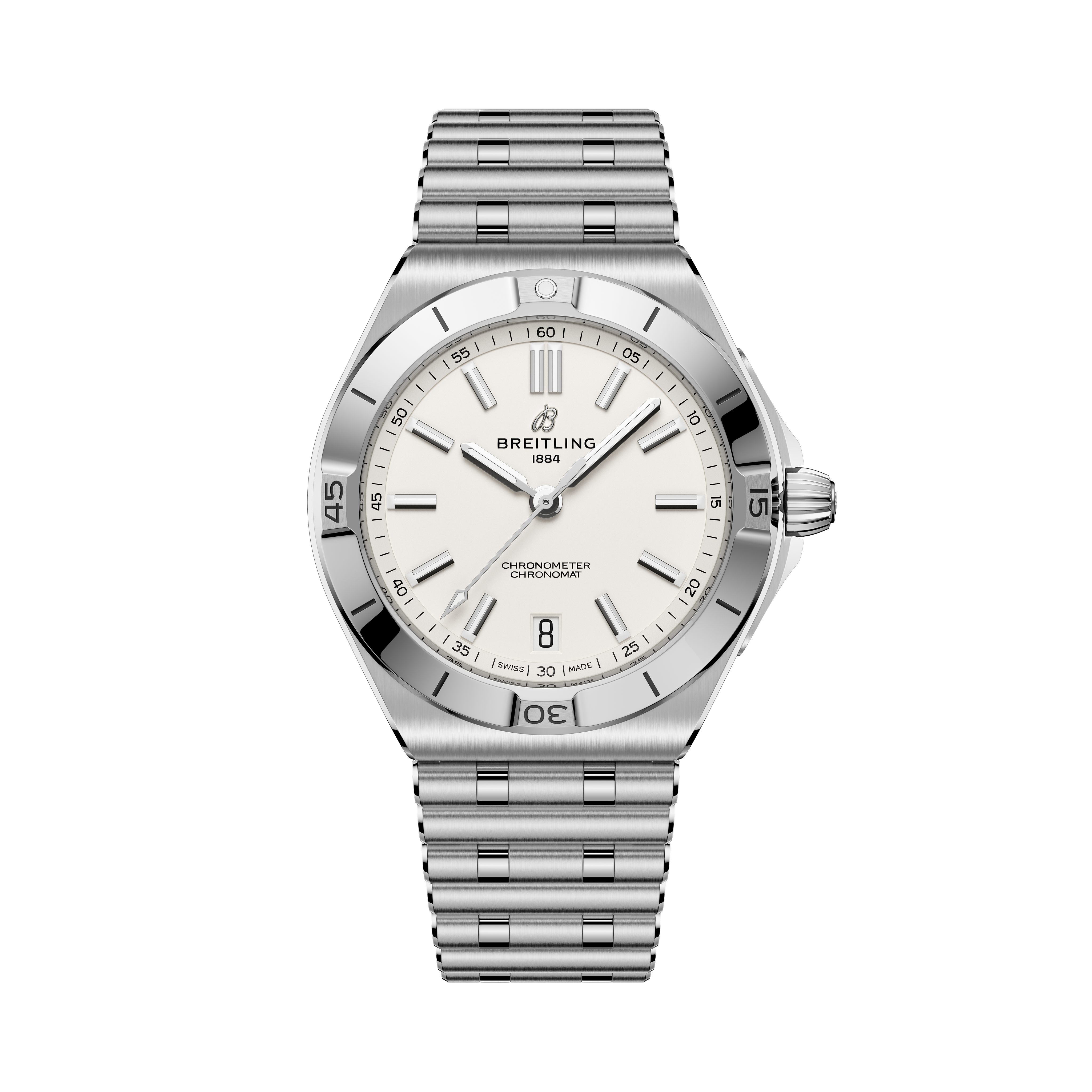 Stainless steel watch with white dial, applied indices, date window, and matching metal bracelet.