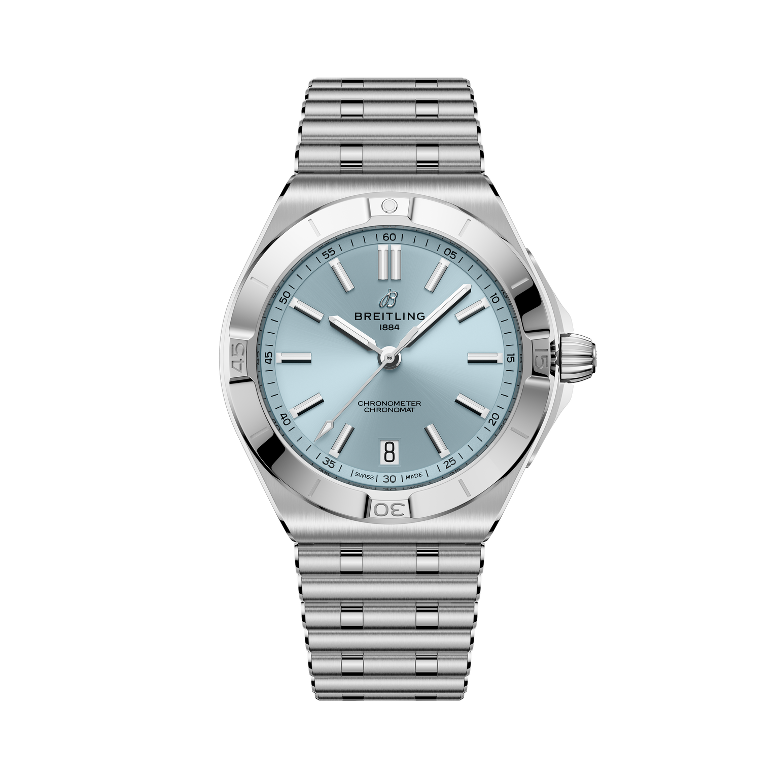 Stainless steel watch with light blue dial, applied hour markers, date window, and matching bracelet.